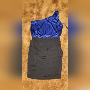 blue and black ruched dress